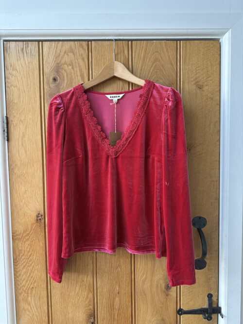 Boden Flora Cherry Jam V-Neck Velvet Top, Size 12