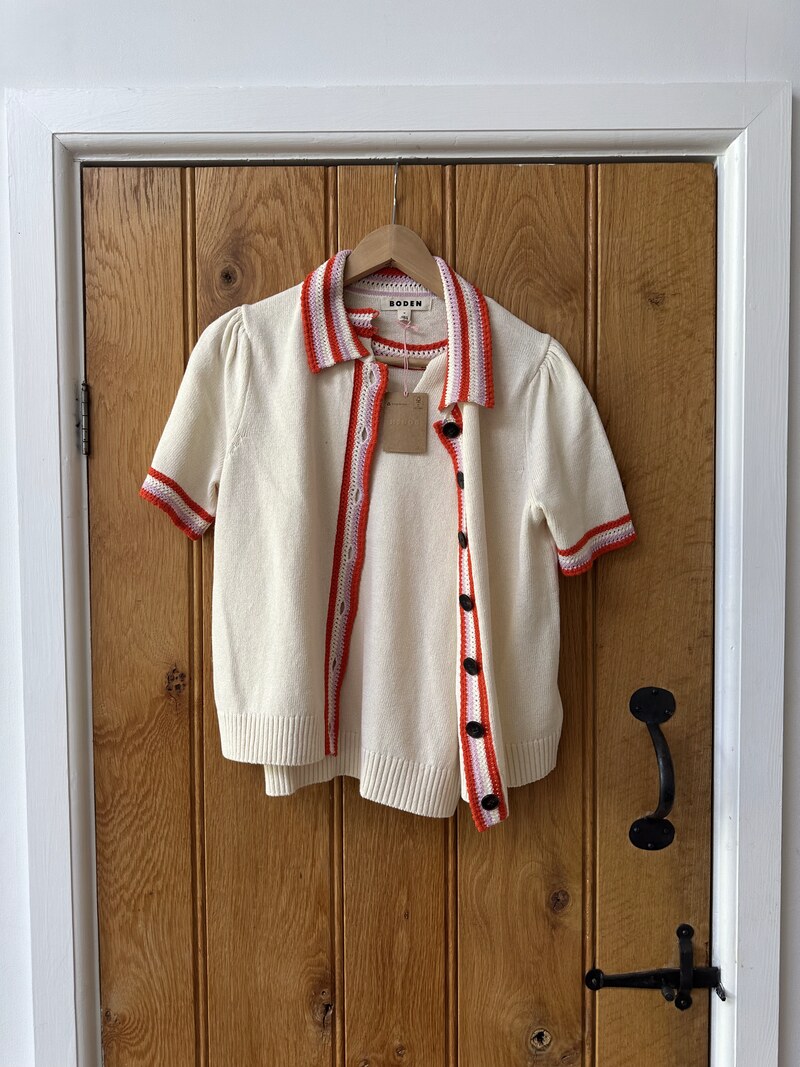 BNWT Boden Cream Knit Twin Set with Red and White Crochet Trim, Size UK 12