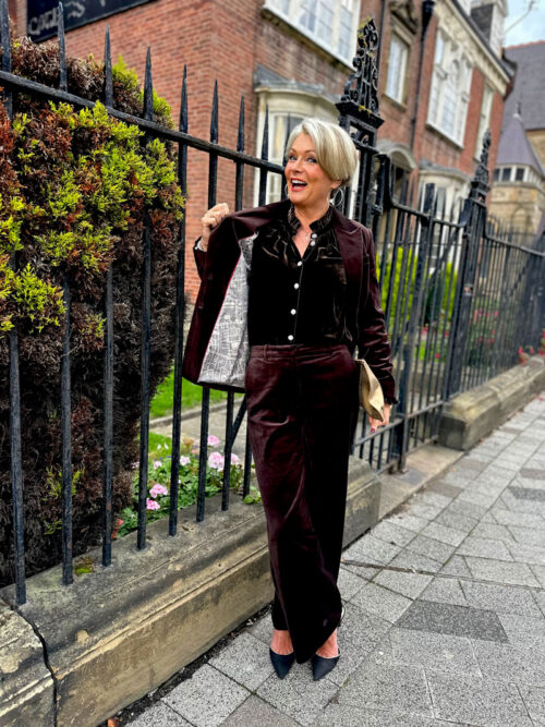 Nikki Garnett wearing Boden Brown Velvet Tailored Blazer