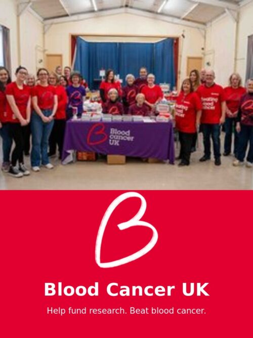 Blood Cancer UK charity volunteers and logo - donate to fund blood cancer research