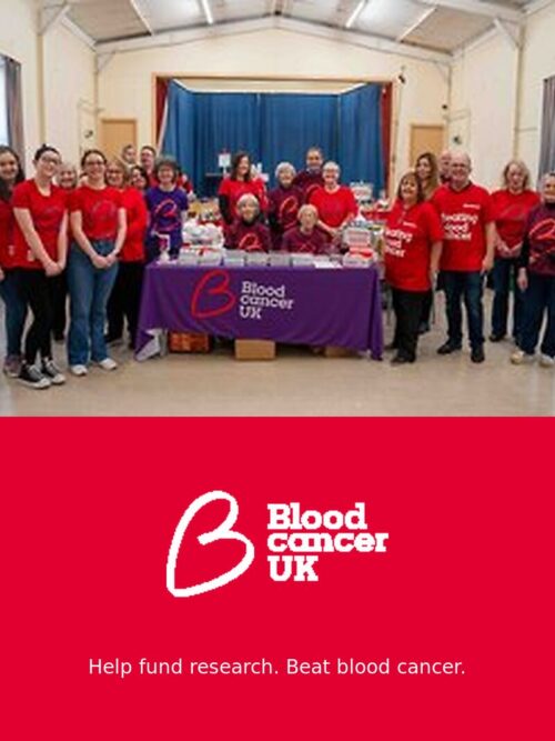 Blood Cancer UK volunteers with white logo and strapline