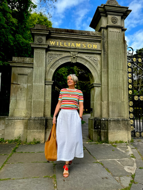 Nikki Garnett wearing Boden Cream Multi-Stripe Breton Knit T-Shirt