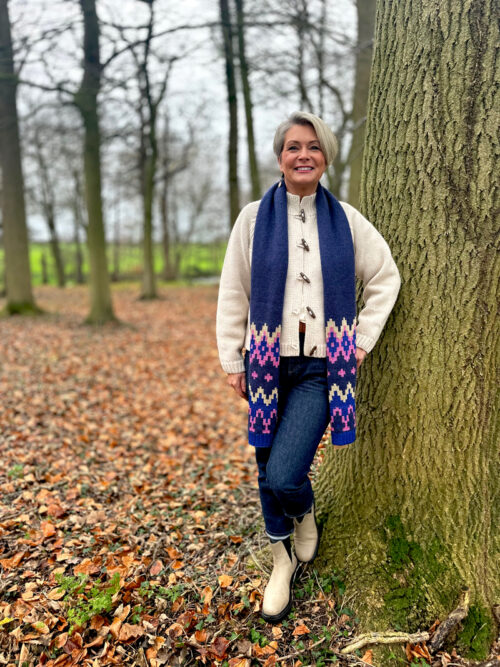 Nikki Garnett wearing the Boden Oatmeal Chunky Knit Cardigan with horn toggle buttons