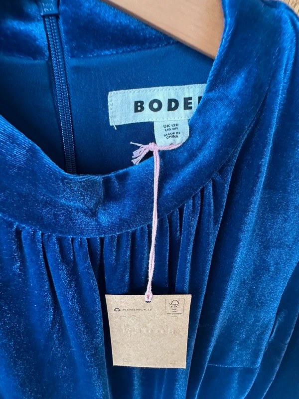 BNWT Boden Navy High Neck Tiered Velvet Dress, Size 12 - Image 2