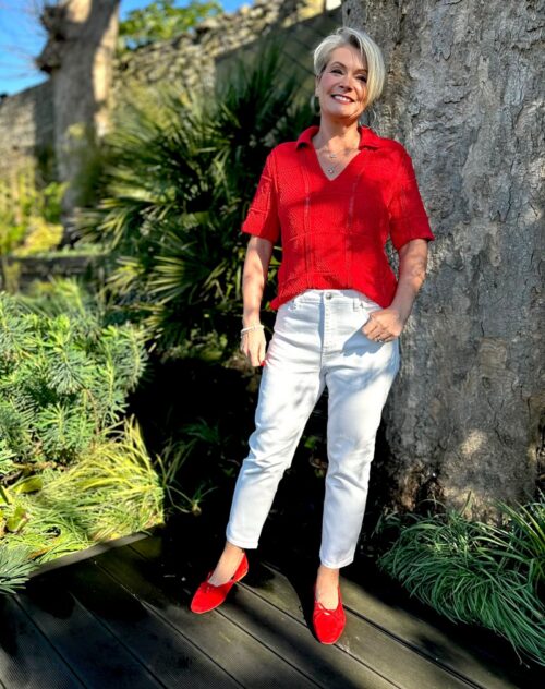 Nikki wearing the M&S red crochet top